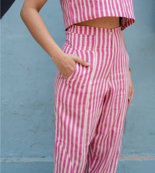 Stripes Emi Pants Pink - Harkoi Studio - Elevate your wardrobe with the Stripes Emi Pants in pink. Keywords: sustainable trousers, eco-friendly pants, Stripes Emi Pants, pink striped pants, ethical fashion.