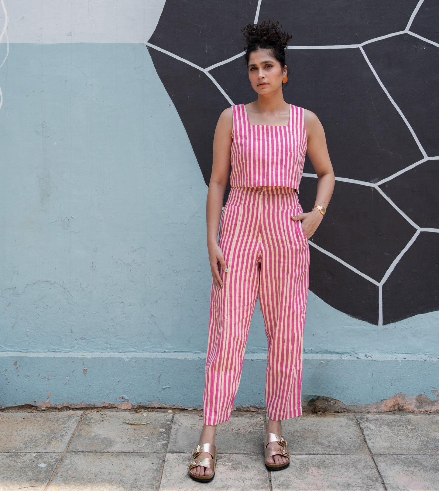 Stripes Emi Pants Pink - Harkoi Studio - Elevate your wardrobe with the Stripes Emi Pants in pink. Keywords: sustainable trousers, eco-friendly pants, Stripes Emi Pants, pink striped pants, ethical fashion.