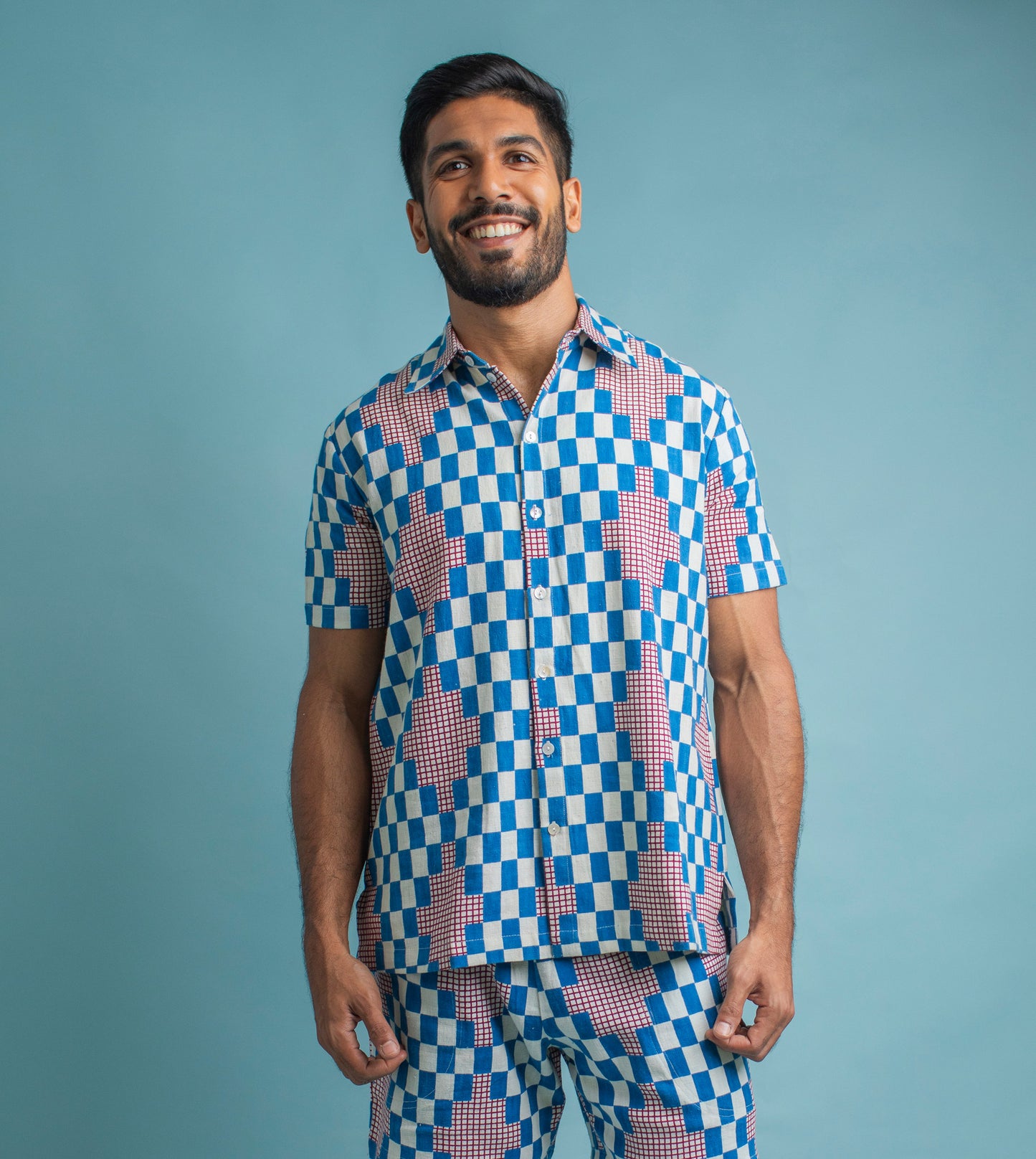 Check-on-Check Arka Shirt Cobalt - Harkoi Studio - Make a bold statement with the Check-on-Check Arka Shirt in cobalt blue. Keywords: sustainable shirt, eco-friendly menswear, Check-on-Check Arka Shirt, cobalt blue shirt, ethical fashion.