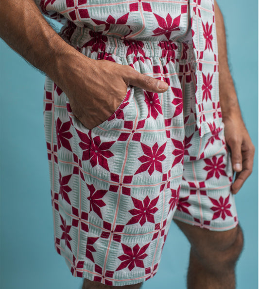 Floral Grid Ina Shorts Burgundy - Harkoi Studio - Add a refined touch to your wardrobe with the Floral Grid Ina Shorts in burgundy. Keywords: sustainable shorts, eco-friendly fashion, Floral Grid Ina Shorts, burgundy shorts, ethical clothing.