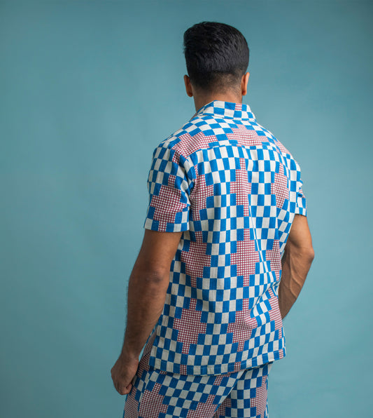 Check-on-Check Arka Shirt Cobalt - Harkoi Studio - Make a bold statement with the Check-on-Check Arka Shirt in cobalt blue. Keywords: sustainable shirt, eco-friendly menswear, Check-on-Check Arka Shirt, cobalt blue shirt, ethical fashion.