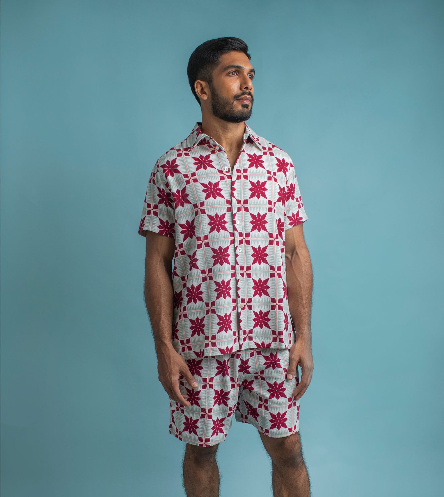Floral Grid Ina Shorts Burgundy - Harkoi Studio - Add a refined touch to your wardrobe with the Floral Grid Ina Shorts in burgundy. Keywords: sustainable shorts, eco-friendly fashion, Floral Grid Ina Shorts, burgundy shorts, ethical clothing.