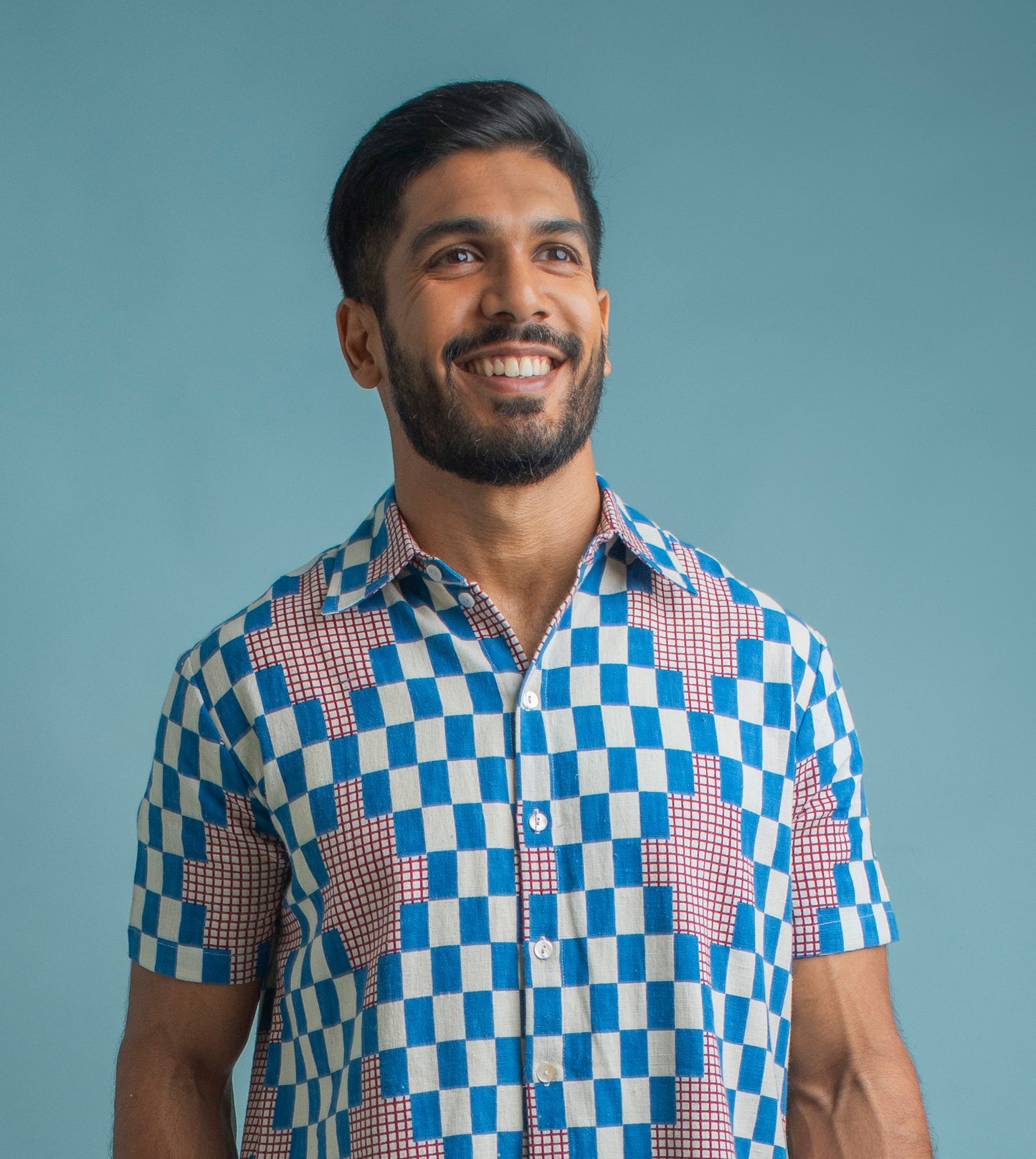 Check-on-Check Arka Shirt Cobalt - Harkoi Studio - Make a bold statement with the Check-on-Check Arka Shirt in cobalt blue. Keywords: sustainable shirt, eco-friendly menswear, Check-on-Check Arka Shirt, cobalt blue shirt, ethical fashion.