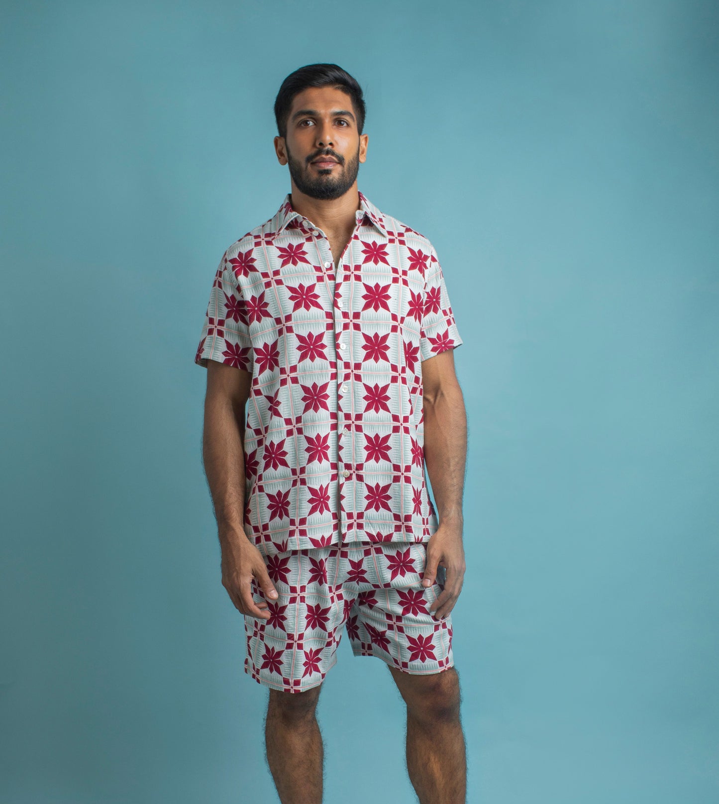 Floral Grid Ina Shorts Burgundy - Harkoi Studio - Add a refined touch to your wardrobe with the Floral Grid Ina Shorts in burgundy. Keywords: sustainable shorts, eco-friendly fashion, Floral Grid Ina Shorts, burgundy shorts, ethical clothing.