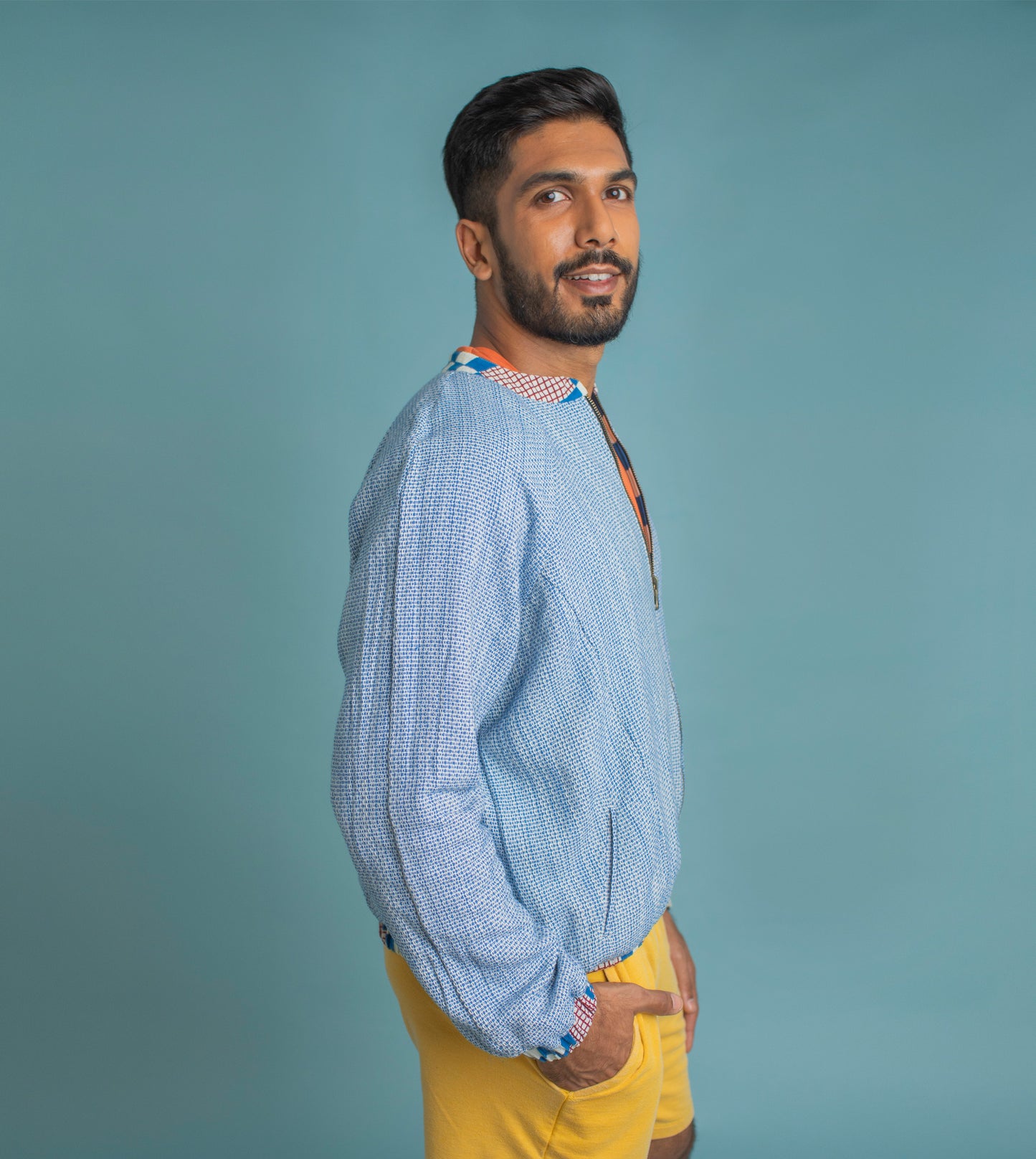Check on Check Kaoru Jacket - Harkoi Studio - Elevate your wardrobe with the Check-on-Check Kaoru Reversible Jacket in cobalt. Keywords: sustainable jacket, eco-friendly fashion, reversible jacket, check-on-check jacket, cobalt blue outerwear, ethical clothing.
