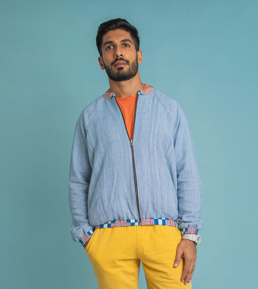 Check on Check Kaoru Jacket - Harkoi Studio - Elevate your wardrobe with the Check-on-Check Kaoru Reversible Jacket in cobalt. Keywords: sustainable jacket, eco-friendly fashion, reversible jacket, check-on-check jacket, cobalt blue outerwear, ethical clothing.