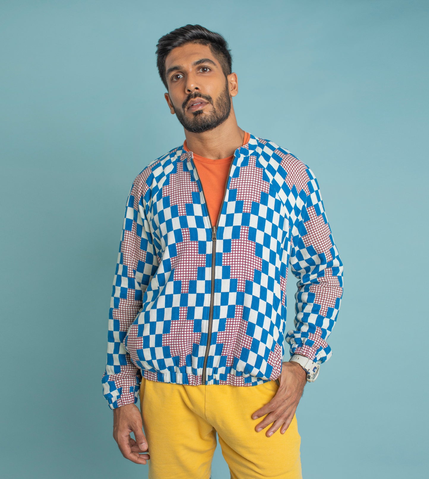 Check on Check Kaoru Jacket - Harkoi Studio - Elevate your wardrobe with the Check-on-Check Kaoru Reversible Jacket in cobalt. Keywords: sustainable jacket, eco-friendly fashion, reversible jacket, check-on-check jacket, cobalt blue outerwear, ethical clothing.