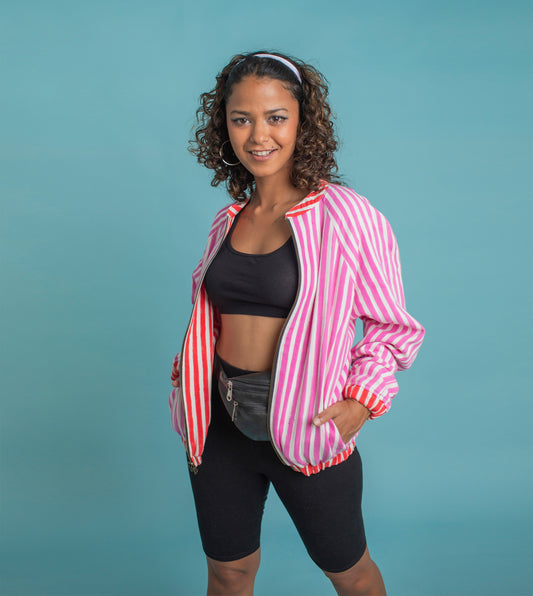 Dual Stripes Kaoru Reversible Jacket Pink Red - Harkoi Studio - Stay stylish with the Kaoru Reversible Jacket in dual stripes pink & red. Keywords: sustainable jacket, eco-friendly fashion, Kaoru Reversible Jacket, pink & red striped jacket, ethical clothing.