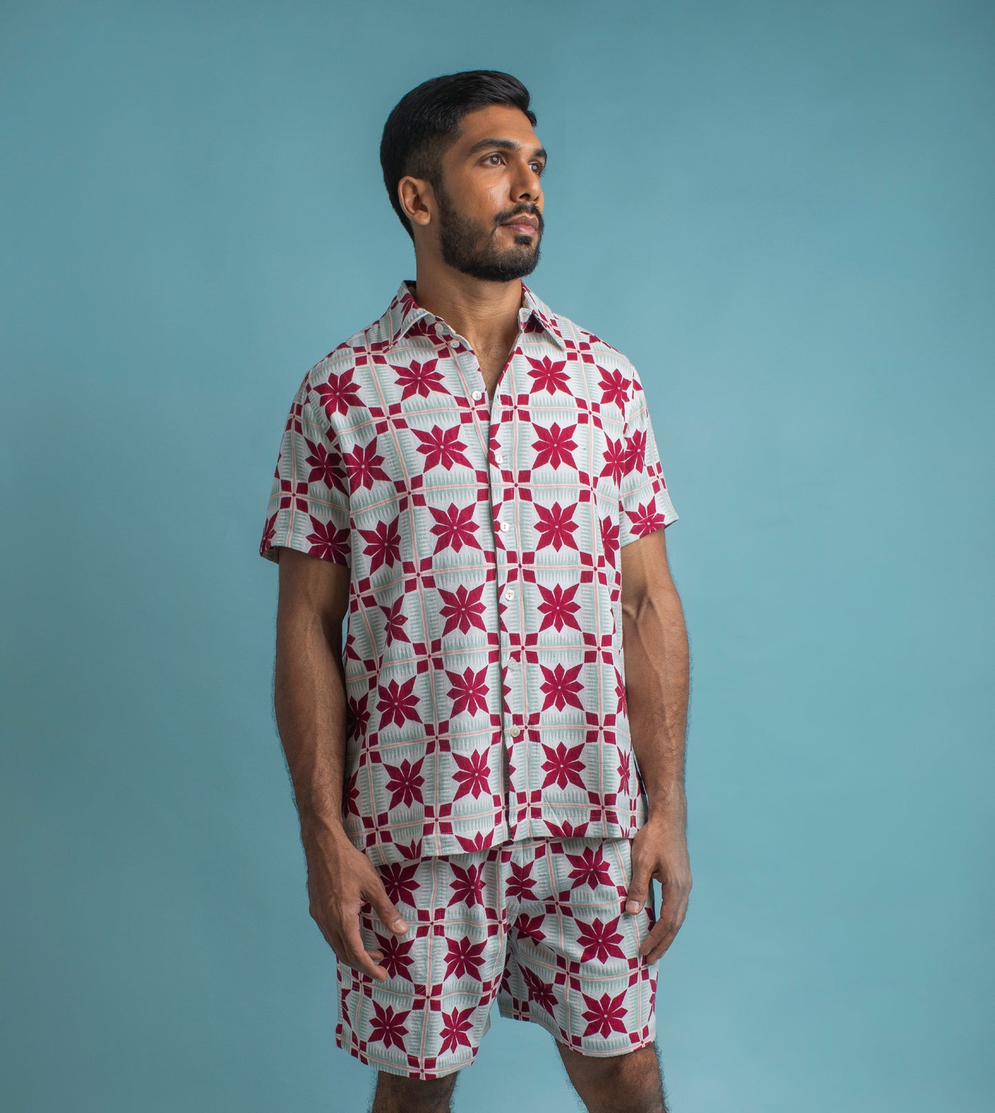 Floral Grid Arka Shirt Burgundy - Harkoi Studio - Make a statement with the Floral Grid Arka Shirt in burgundy. Keywords: sustainable mens shirt, eco-friendly fashion, Floral Grid Arka Shirt, burgundy shirt, ethical clothing.