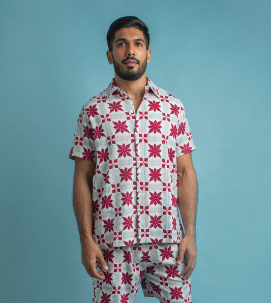 Floral Grid Arka Shirt Burgundy - Harkoi Studio - Make a statement with the Floral Grid Arka Shirt in burgundy. Keywords: sustainable mens shirt, eco-friendly fashion, Floral Grid Arka Shirt, burgundy shirt, ethical clothing.