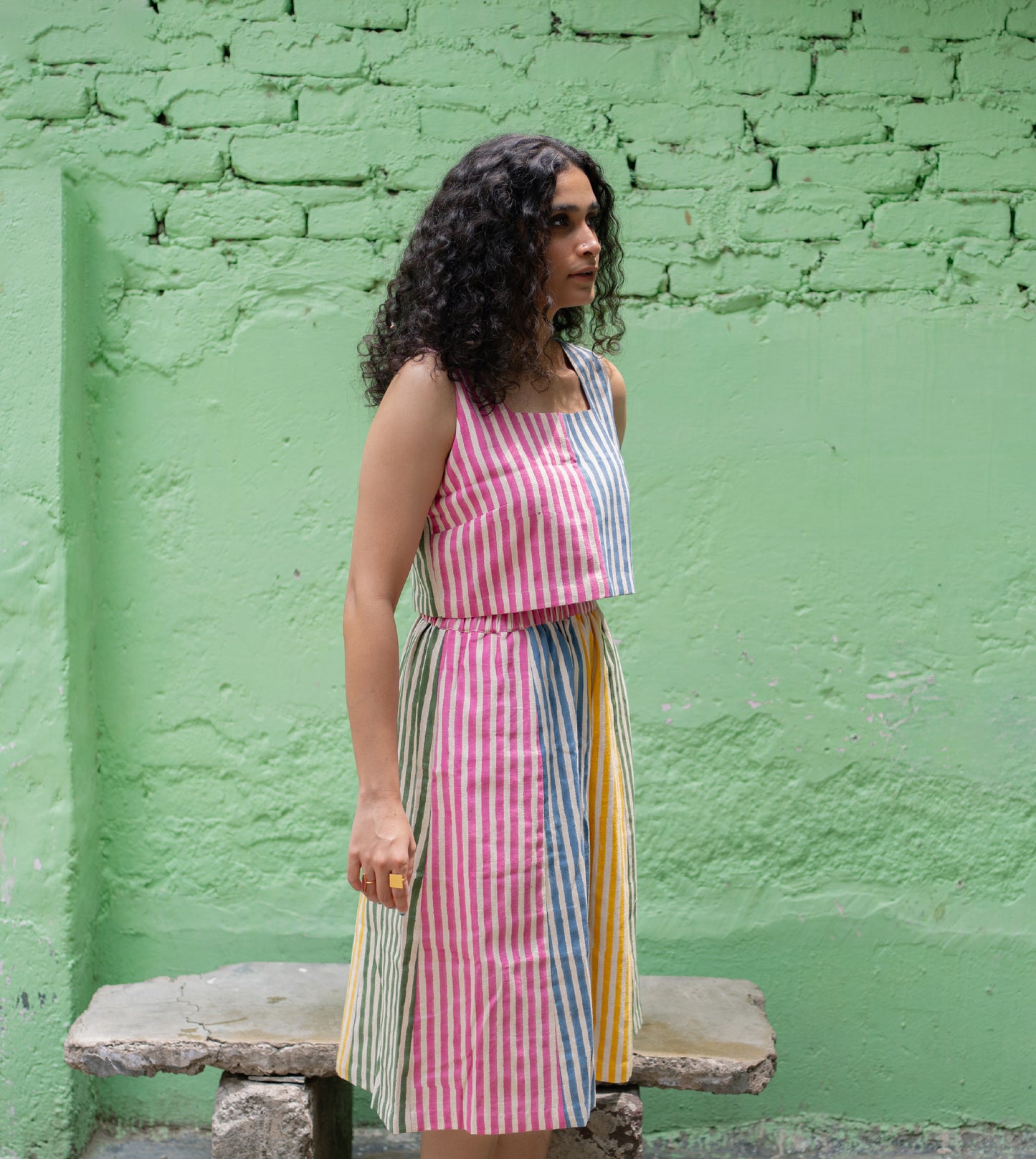 Stripes Yoko Skirt Multi - Harkoi Studio - Add a splash of color to your wardrobe with the Stripes Yoko Skirt in multi-color. Keywords: sustainable skirt, eco-friendly fashion, Stripes Yoko Skirt, multi-color skirt, ethical clothing.