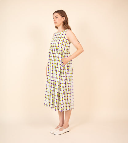 Stop-Gap Suki Dress - Green Purple - Harkoi - Make a statement with the Stop-Gap Suki Dress in green & purple. Keywords: sustainable dress, eco-friendly fashion, Stop-Gap Suki Dress, green and purple dress, ethical clothing.