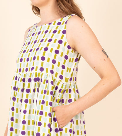 Stop-Gap Suki Dress - Green Purple - Harkoi - Make a statement with the Stop-Gap Suki Dress in green & purple. Keywords: sustainable dress, eco-friendly fashion, Stop-Gap Suki Dress, green and purple dress, ethical clothing.