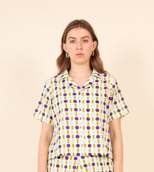 Stop Gap Rin Top Purple Green | Harkoi Studio - A handcrafted masterpiece infused with culture and creativity. Keywords: stop, gap, rin, top, purple, green, sustainable green, eco-friendly fashion, rin top purple.