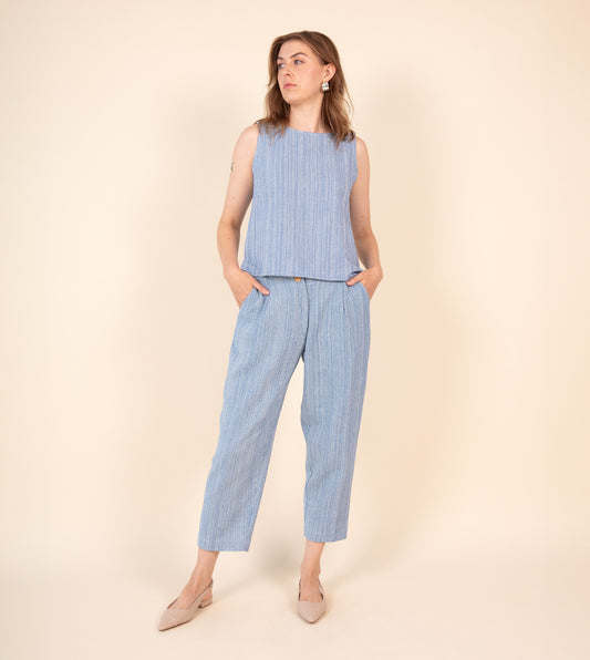 Haru Pants Cobalt Texture - Harkoi Studio - Upgrade your wardrobe with the Haru Pants in cobalt texture. Keywords: sustainable pants, eco-friendly trousers, Haru Pants, cobalt textured pants, ethical fashion.