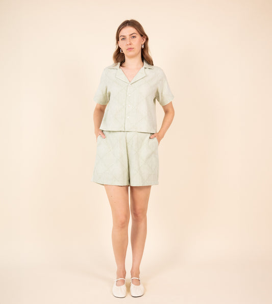 Ren Shorts Pale Green | Harkoi Studio - Embrace effortless style with the Ren Shorts in pale green. Keywords: sustainable shorts, eco-friendly fashion, Ren Shorts, pale green shorts, ethical clothing.