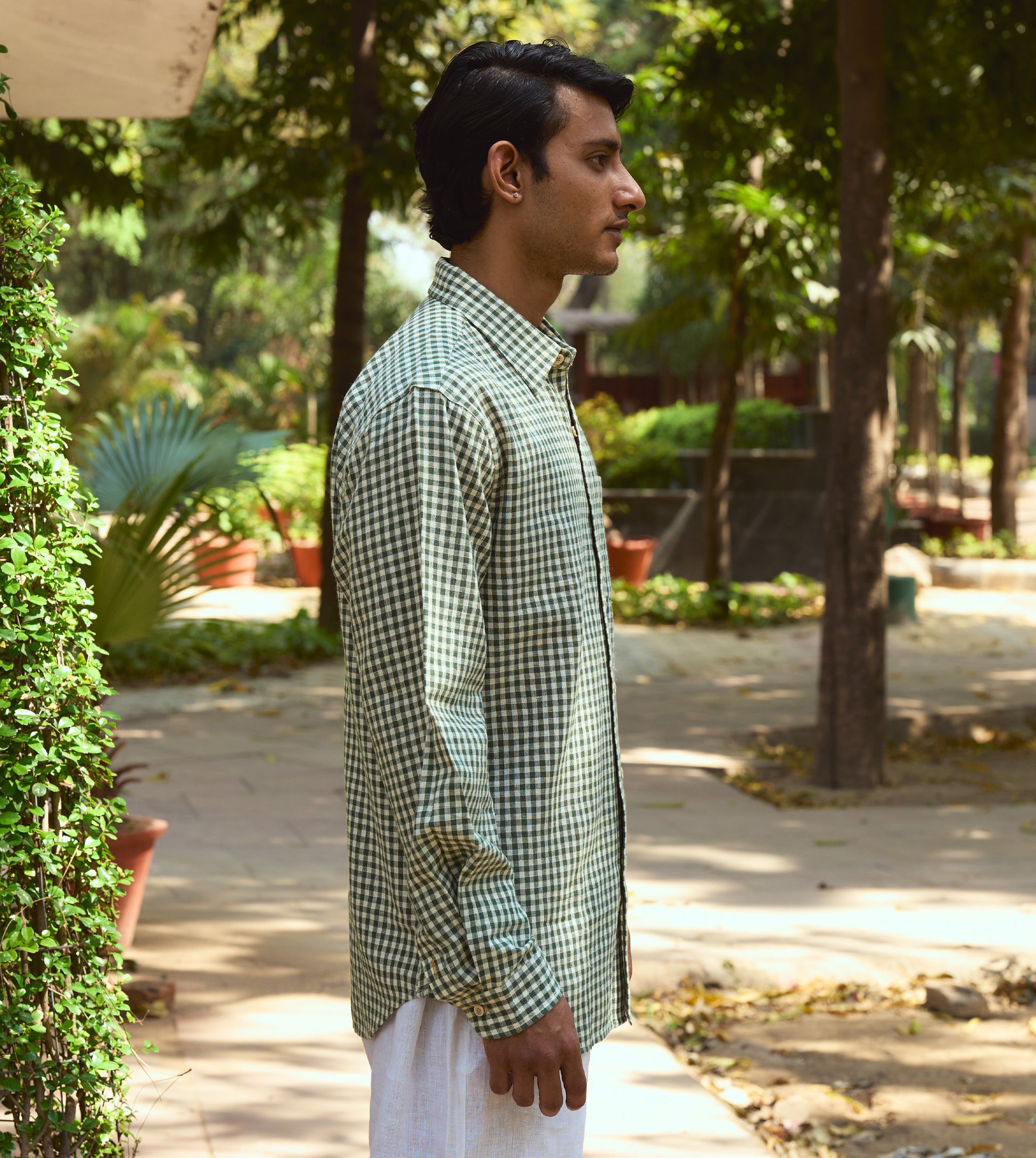 Men’s full-sleeve gingham kala cotton shirt with corozo buttons, designed for versatile styling.